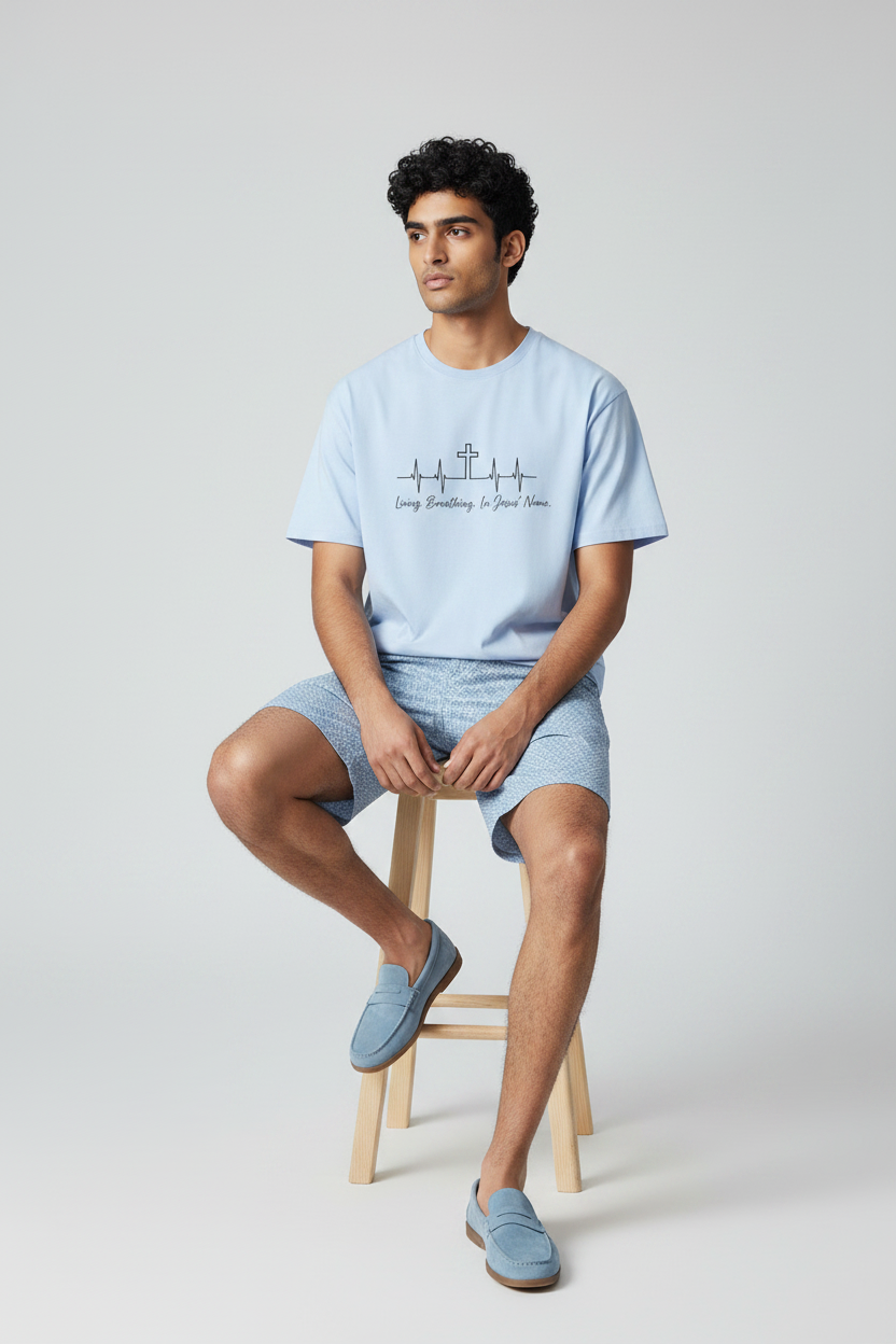 Christian Cross Heartbeat T-Shirt — "Living, Breathing in Jesus' Name" Faith Tee