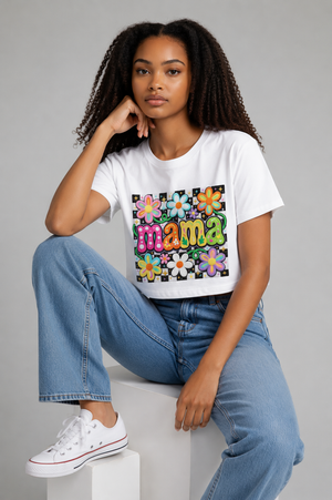 Mama Floral Crop Top — Retro Flower Festival Tee for Moms