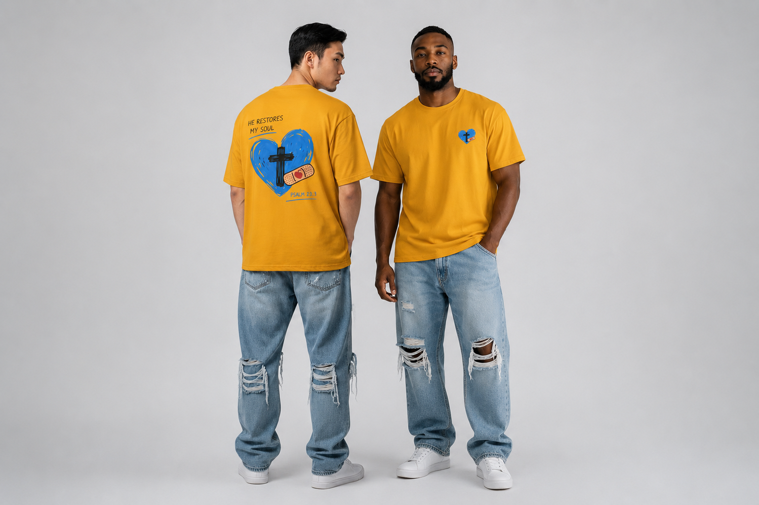 Christian T-Shirt – 'He Restores My Soul' Psalm 23:1 Heart & Cross Tee