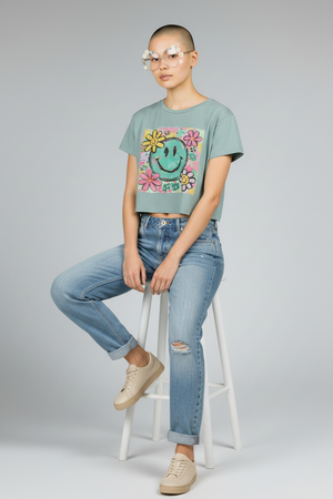 Smiley Flower Festival Crop Top — Retro Happy Face Floral Graphic