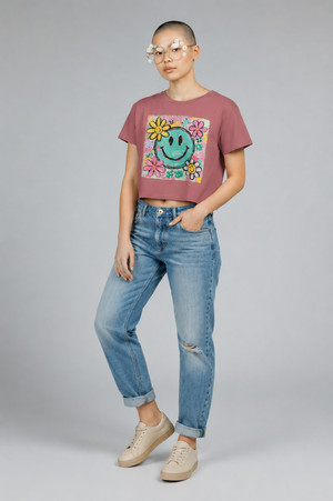 Smiley Flower Festival Crop Top — Retro Happy Face Floral Graphic