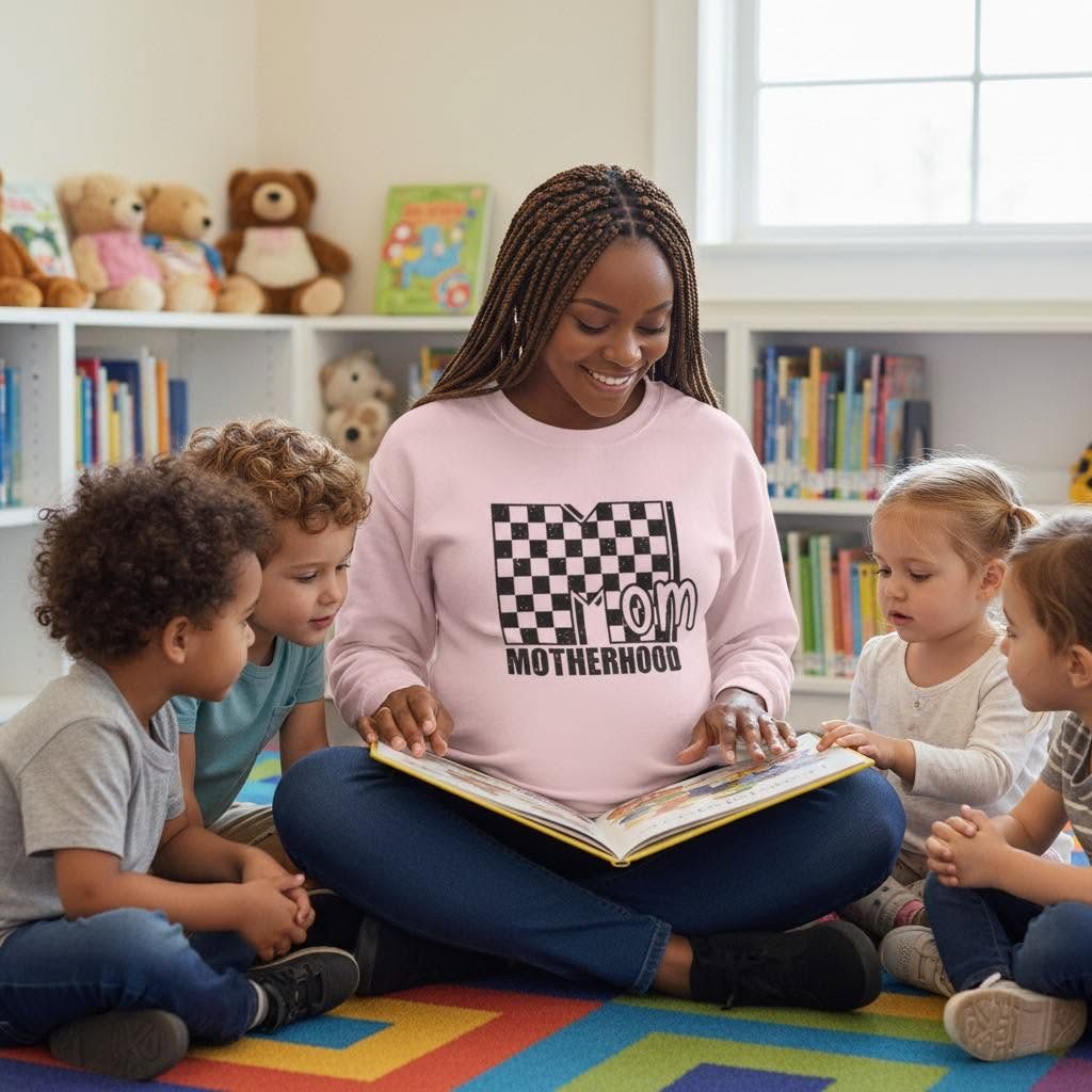 Mom Motherhood Sweatshirt – Checkerboard 'Mom' Graphic Crewneck