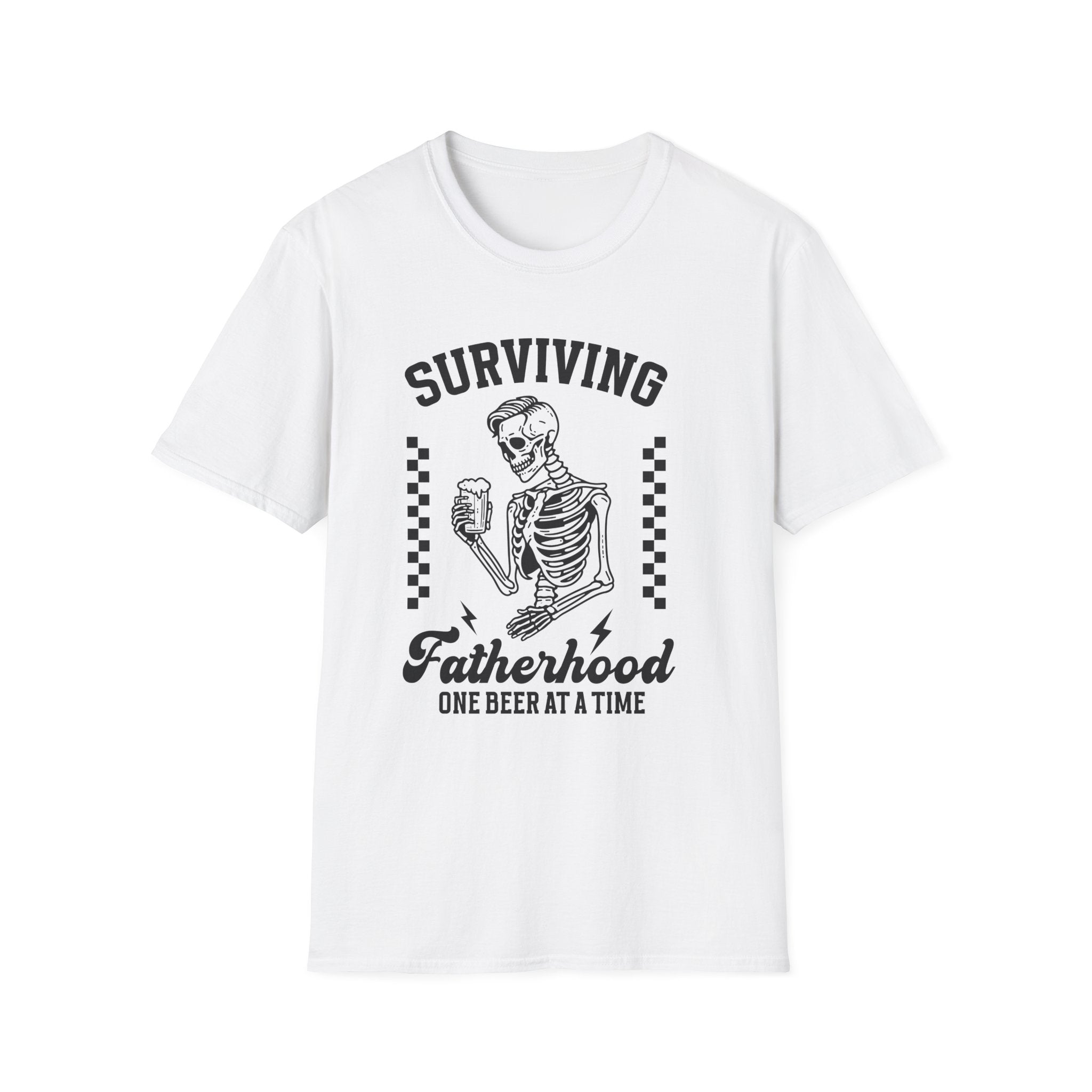 Surviving Fatherhood T-Shirt — "One Beer at a Time" Skeleton Dad Tee