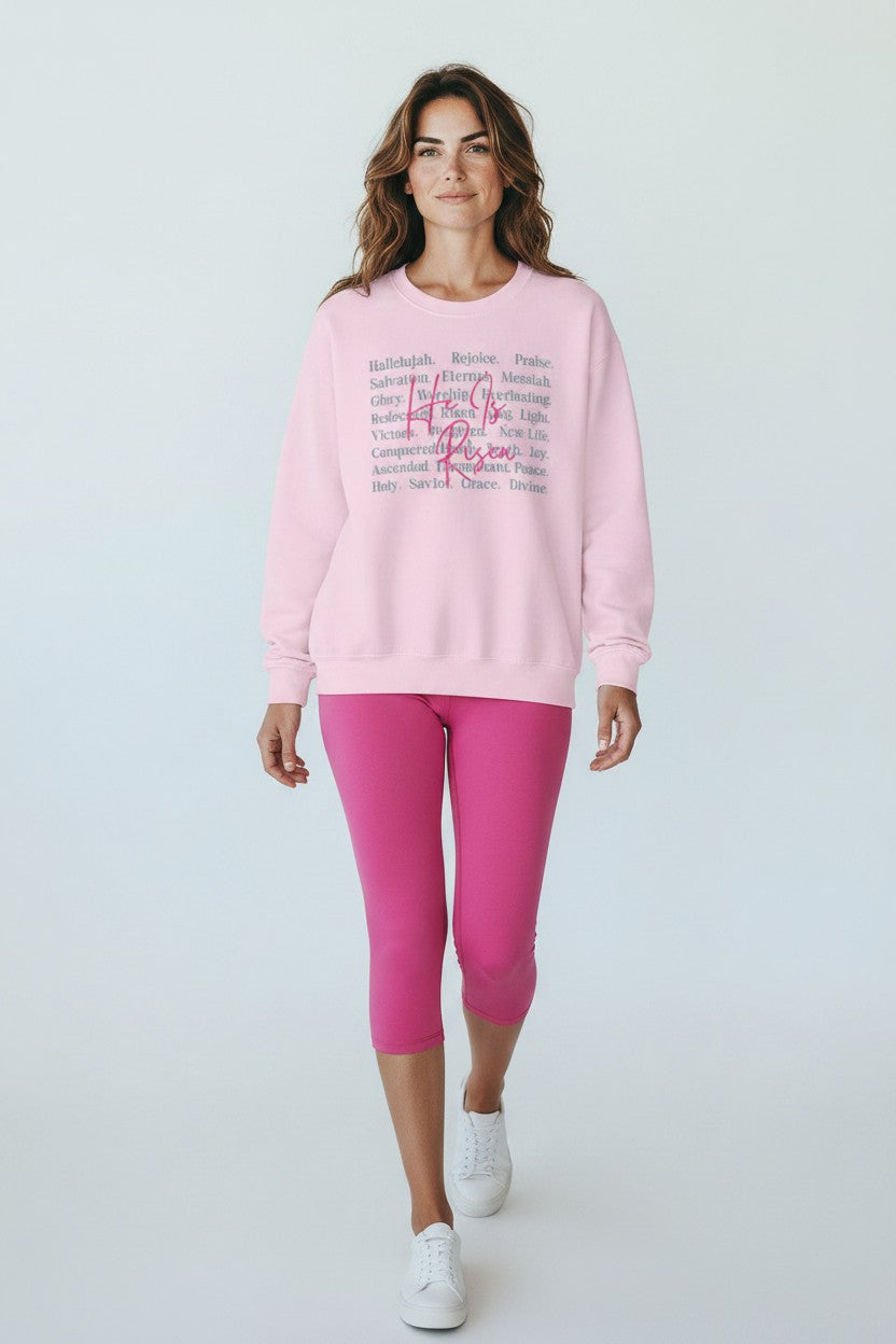 Christian Crewneck Sweatshirt — "He Is Risen" Floral Typography