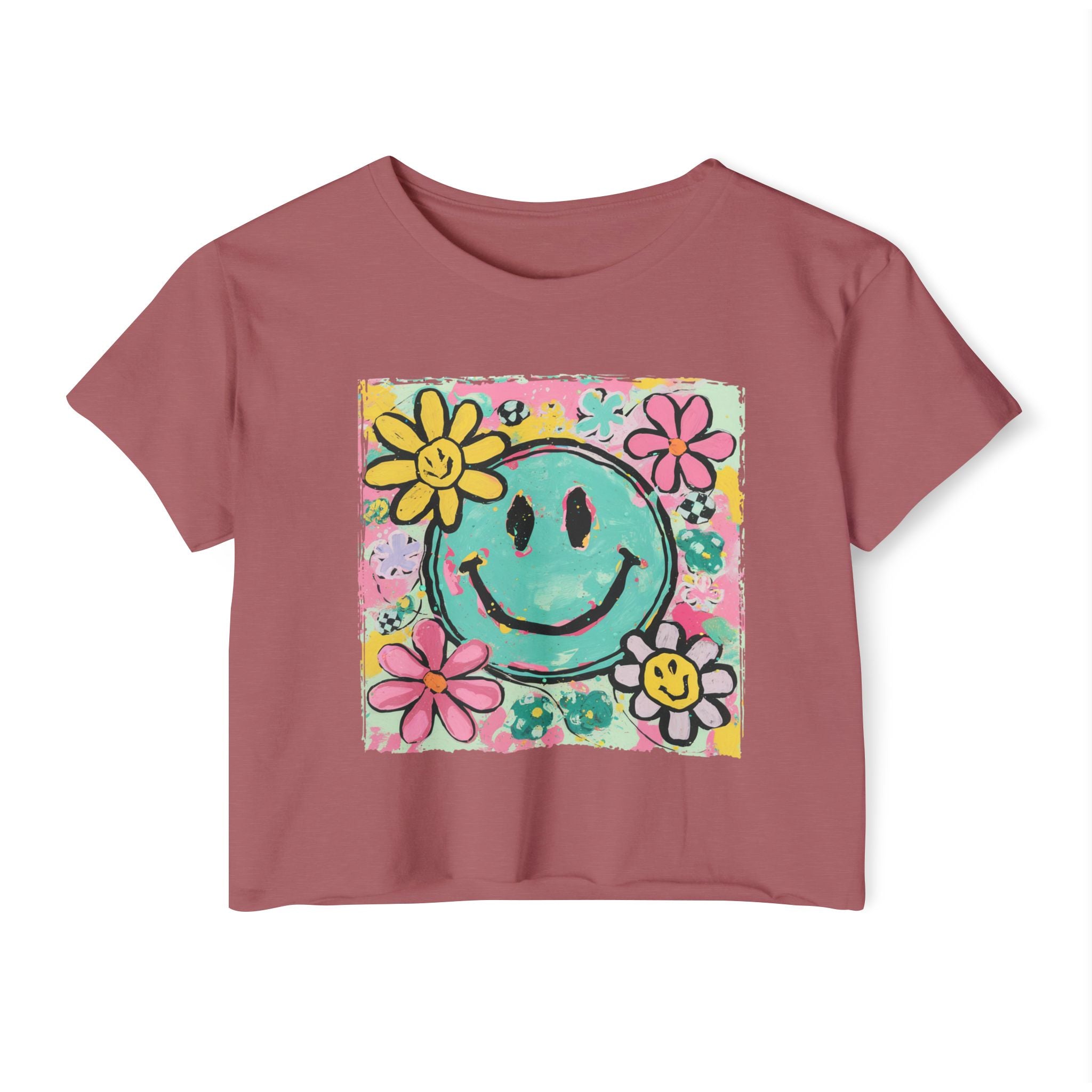 Smiley Flower Festival Crop Top — Retro Happy Face Floral Graphic