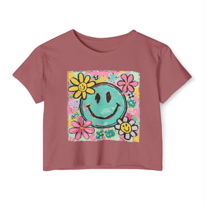 Smiley Flower Festival Crop Top — Retro Happy Face Floral Graphic