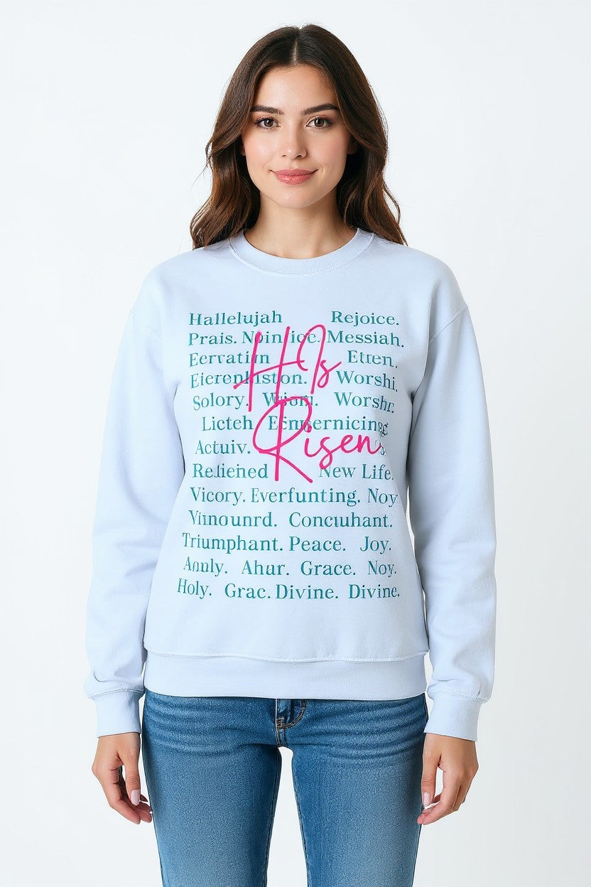 Christian Crewneck Sweatshirt — "He Is Risen" Floral Typography