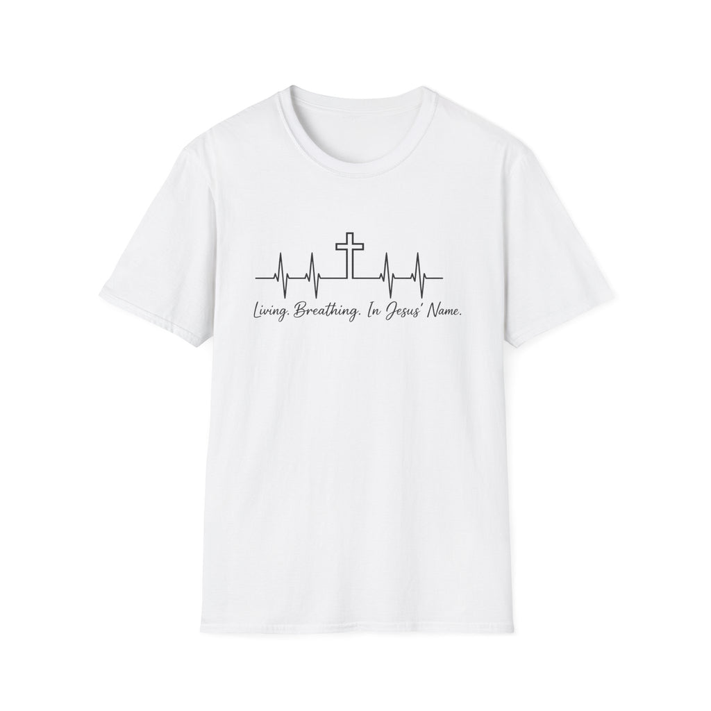 Christian Cross Heartbeat T-Shirt — "Living, Breathing in Jesus' Name" Faith Tee