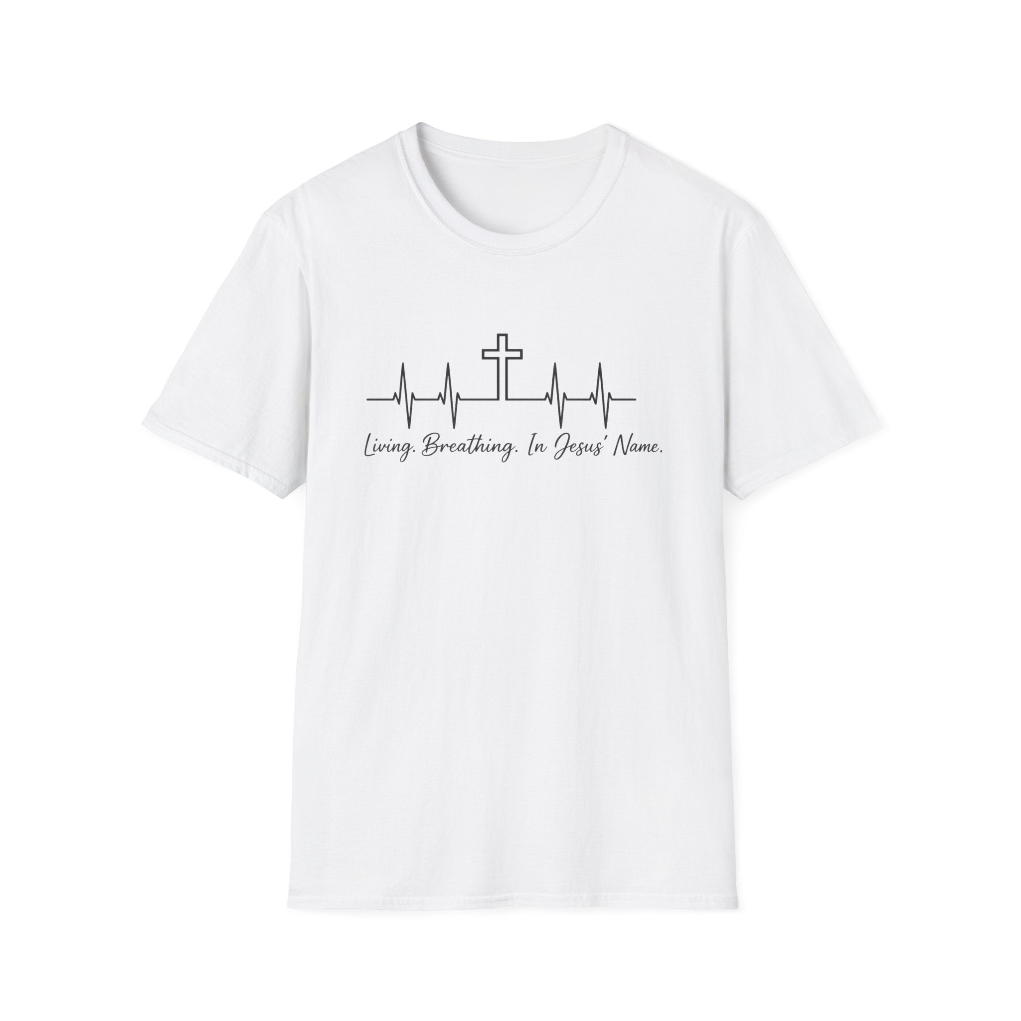 Christian Cross Heartbeat T-Shirt — "Living, Breathing in Jesus' Name" Faith Tee