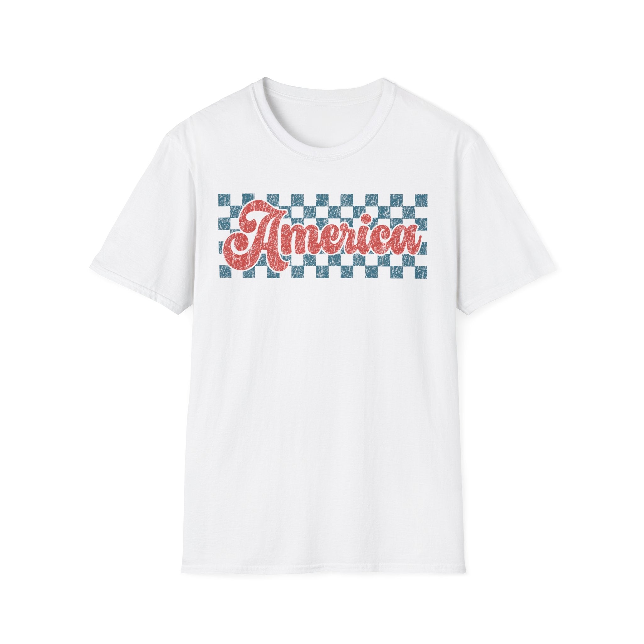 America Checkerboard T‑Shirt — Vintage Retro Patriotic Graphic Tee