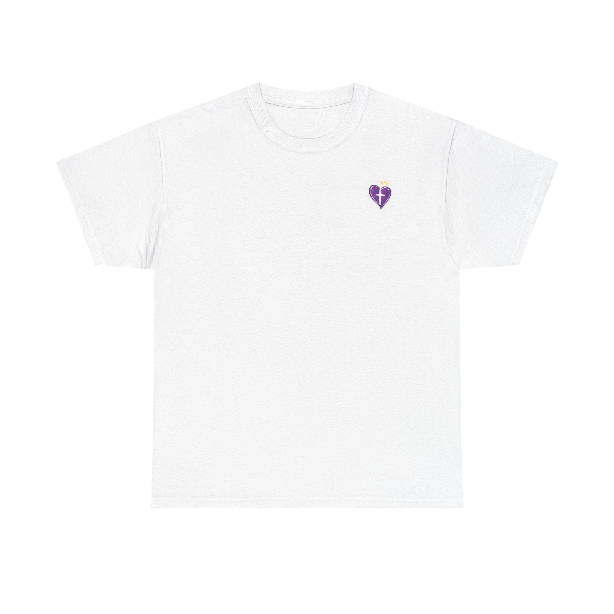 Christian Heart Tee — “Love Never Fails” Purple Cross Graphic T-Shirt
