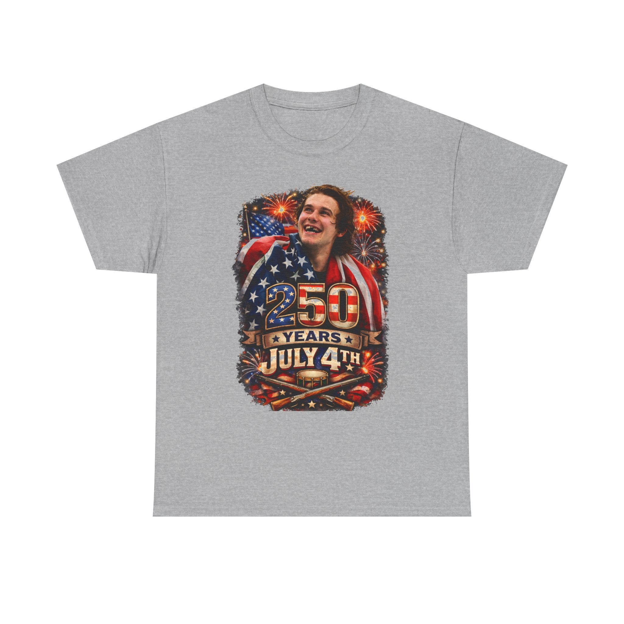 July 4th 250 Years Patriotic T-Shirt — American Flag Fireworks Tee