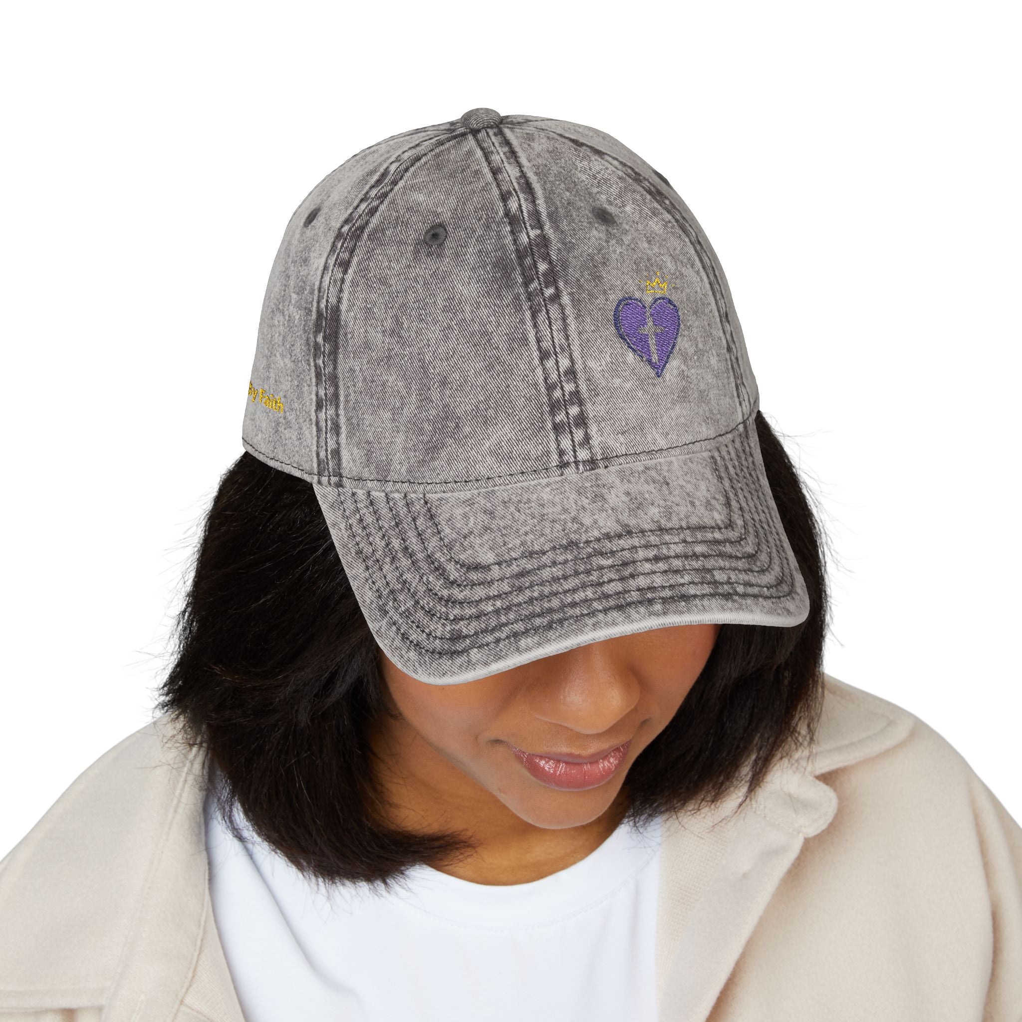 Embroidered Vintage Grey Cap with Purple Heat Cross Patch