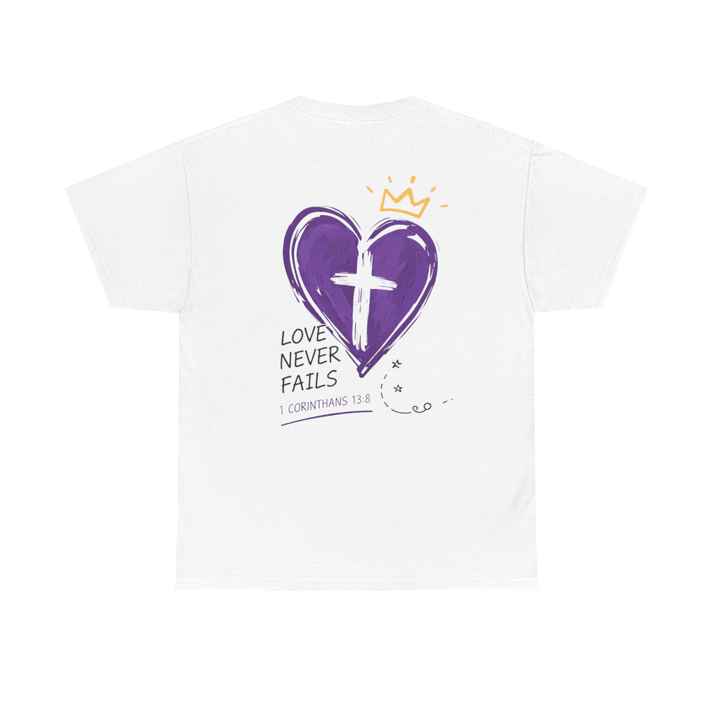 Christian Heart Tee — “Love Never Fails” Purple Cross Graphic T-Shirt
