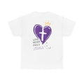 Christian Heart Tee — “Love Never Fails” Purple Cross Graphic T-Shirt