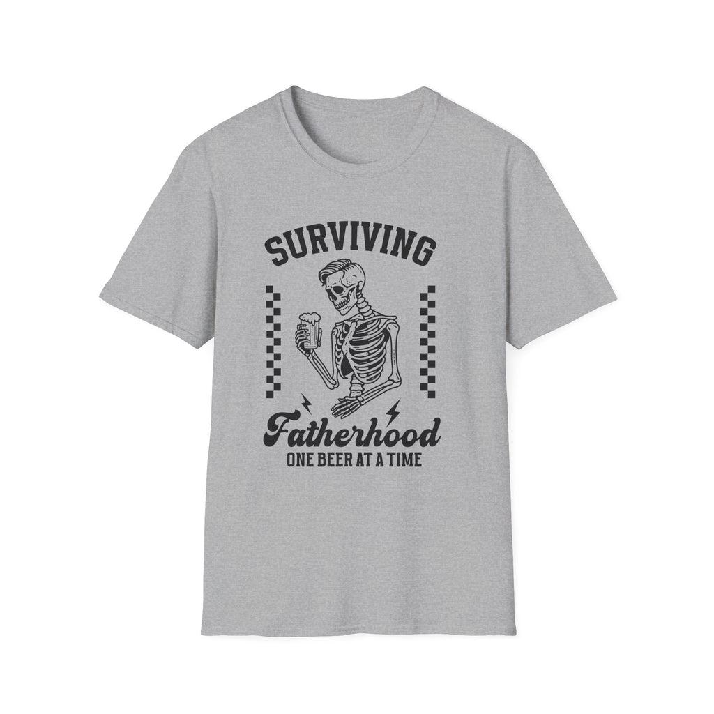 Surviving Fatherhood T-Shirt — "One Beer at a Time" Skeleton Dad Tee