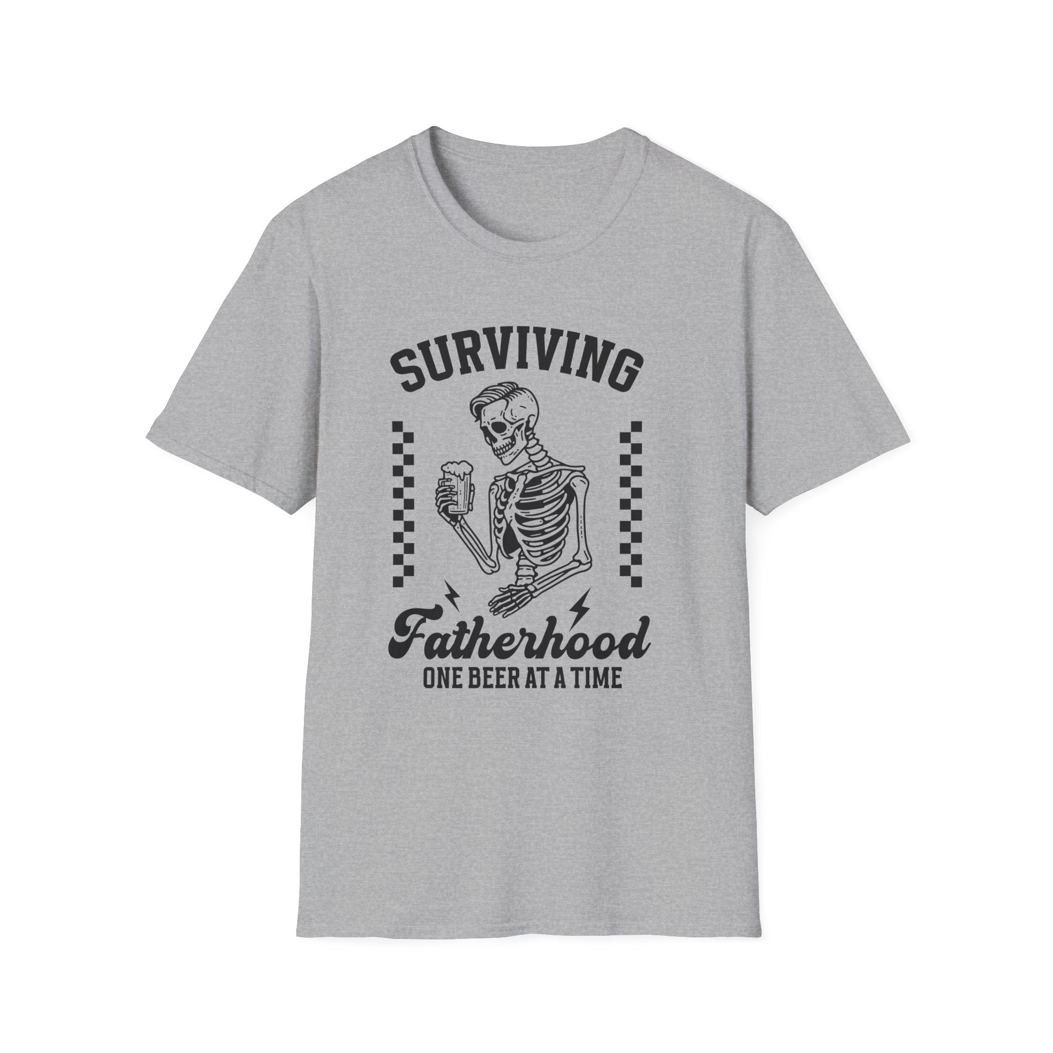 Surviving Fatherhood T-Shirt — "One Beer at a Time" Skeleton Dad Tee