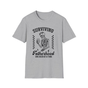 Surviving Fatherhood T-Shirt — "One Beer at a Time" Skeleton Dad Tee