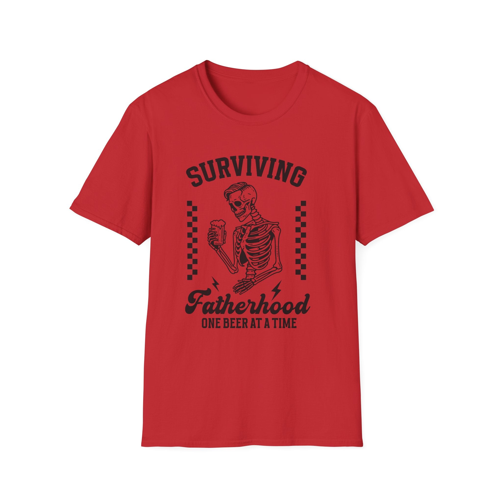 Surviving Fatherhood T-Shirt — "One Beer at a Time" Skeleton Dad Tee