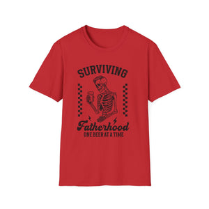 Surviving Fatherhood T-Shirt — "One Beer at a Time" Skeleton Dad Tee