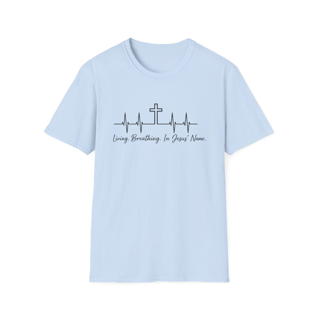 Christian Cross Heartbeat T-Shirt — "Living, Breathing in Jesus' Name" Faith Tee