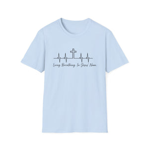 Christian Cross Heartbeat T-Shirt — "Living, Breathing in Jesus' Name" Faith Tee