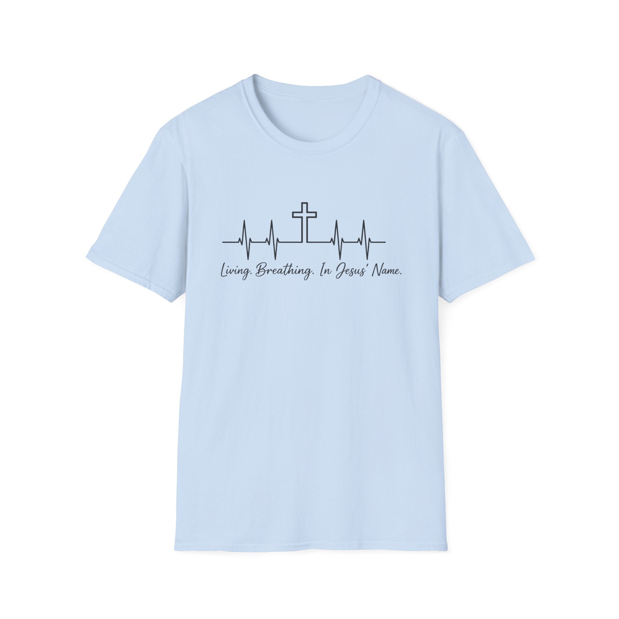 Christian Cross Heartbeat T-Shirt — "Living, Breathing in Jesus' Name" Faith Tee
