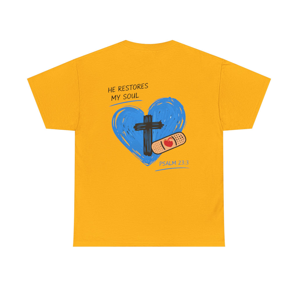 Christian T-Shirt – 'He Restores My Soul' Psalm 23:1 Heart & Cross Tee