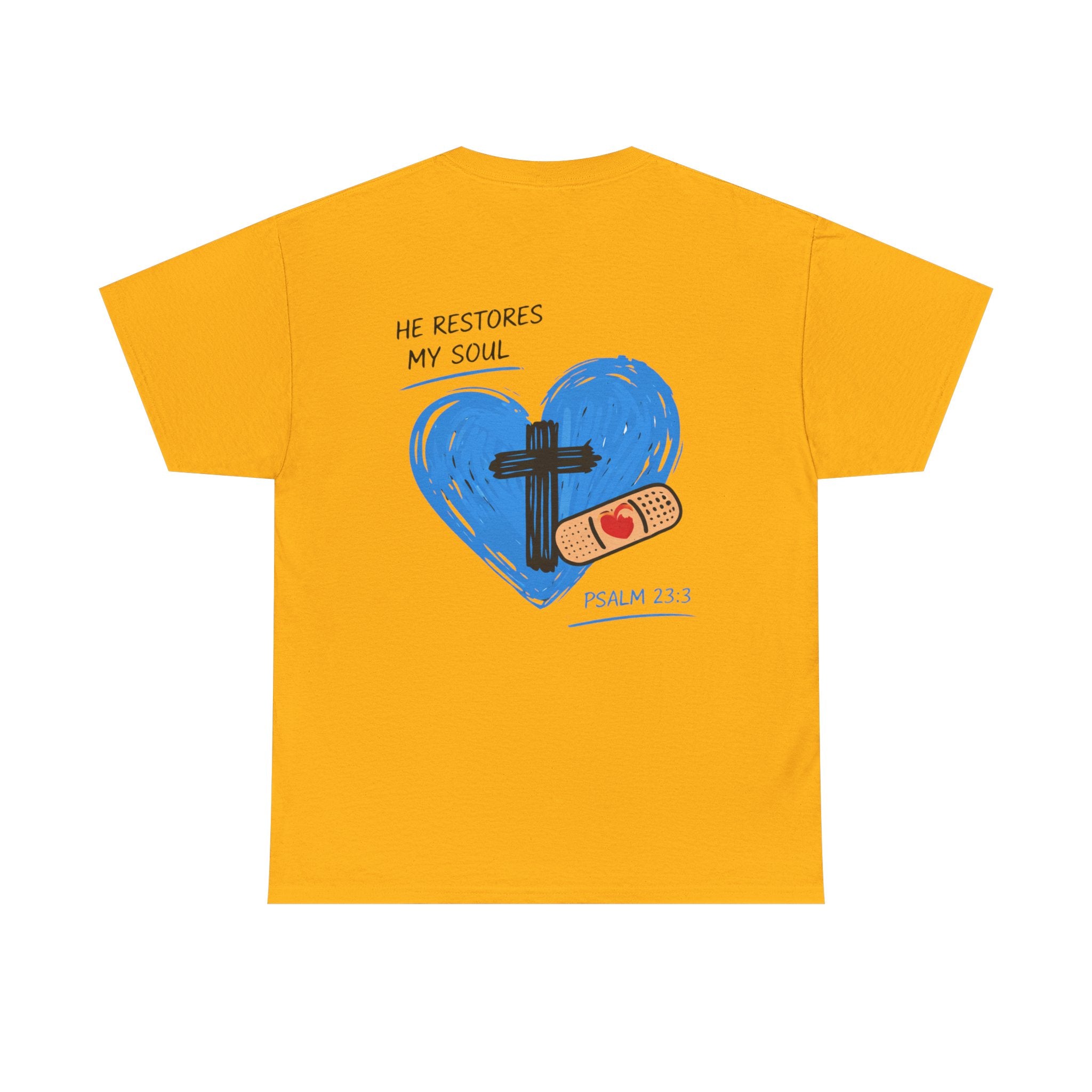 Christian T-Shirt – 'He Restores My Soul' Psalm 23:1 Heart & Cross Tee