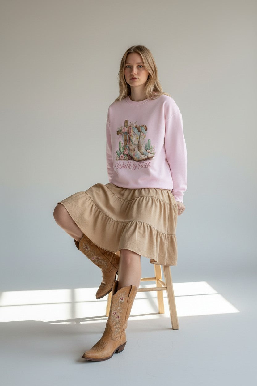 Walk By Faith Crewneck Sweatshirt — Western Cowboy Boots & Cactus Christian Graphic