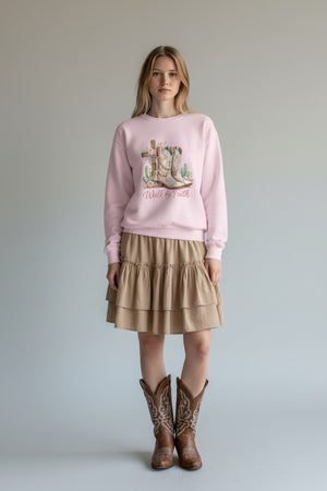 Walk By Faith Crewneck Sweatshirt — Western Cowboy Boots & Cactus Christian Graphic