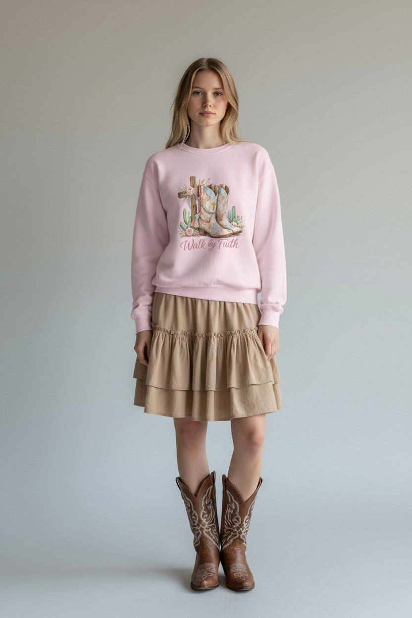 Walk By Faith Crewneck Sweatshirt — Western Cowboy Boots & Cactus Christian Graphic