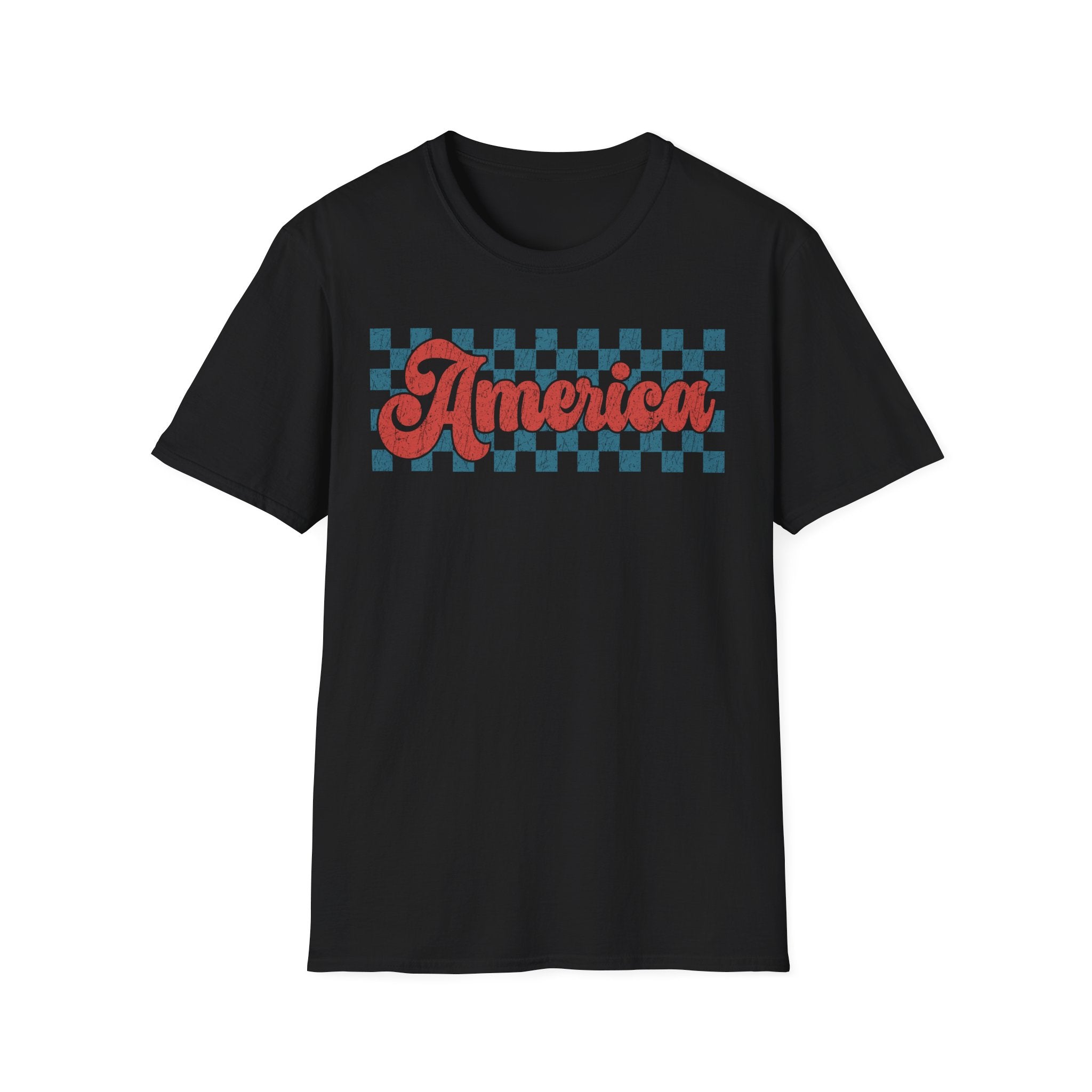 America Checkerboard T‑Shirt — Vintage Retro Patriotic Graphic Tee