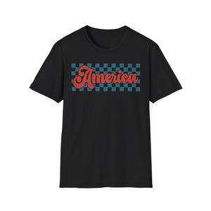 America Checkerboard T‑Shirt — Vintage Retro Patriotic Graphic Tee