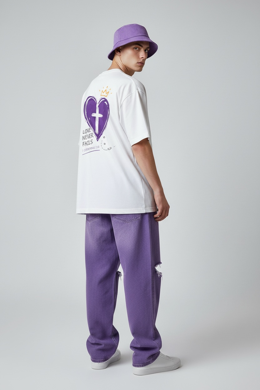 Christian Heart Tee — “Love Never Fails” Purple Cross Graphic T-Shirt