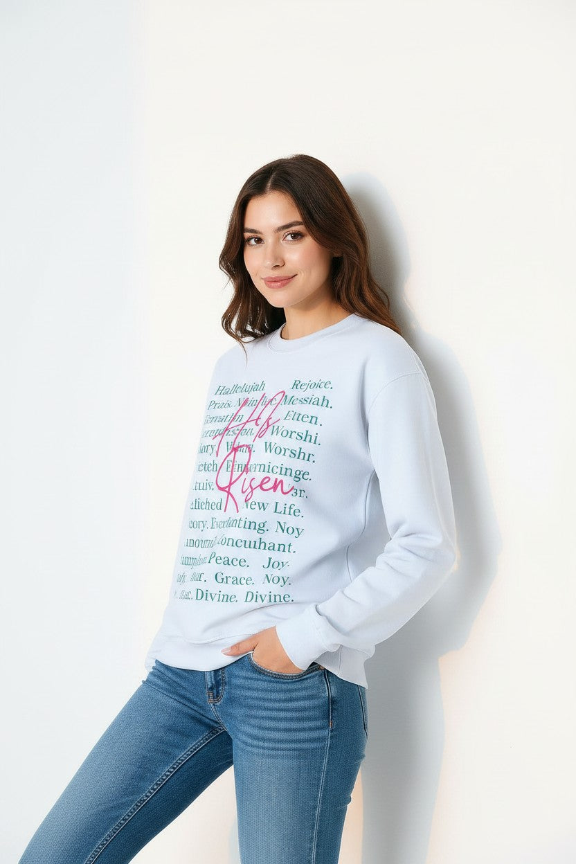 Christian Crewneck Sweatshirt — "He Is Risen" Floral Typography